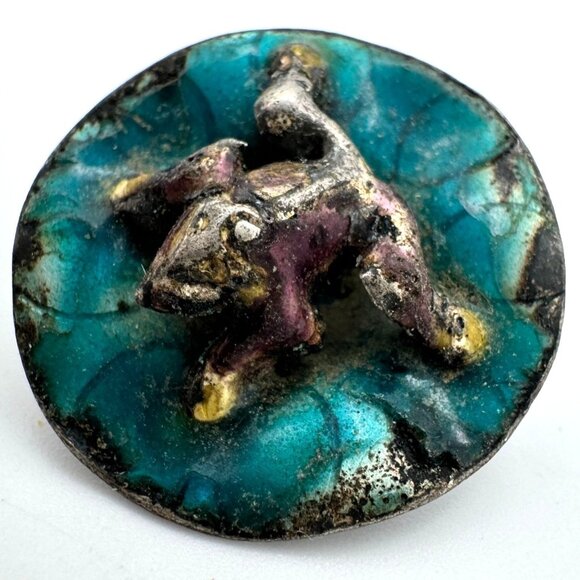 Chinese Antique Enamel Metal Frog Button Lily Pad Symbolizing Wealth & Prosperit - Picture 2 of 6